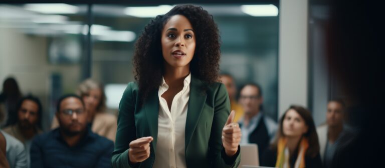 african american woman hand hold microphone asking opinion express speech in seninar conference room close up business concept,ai generate